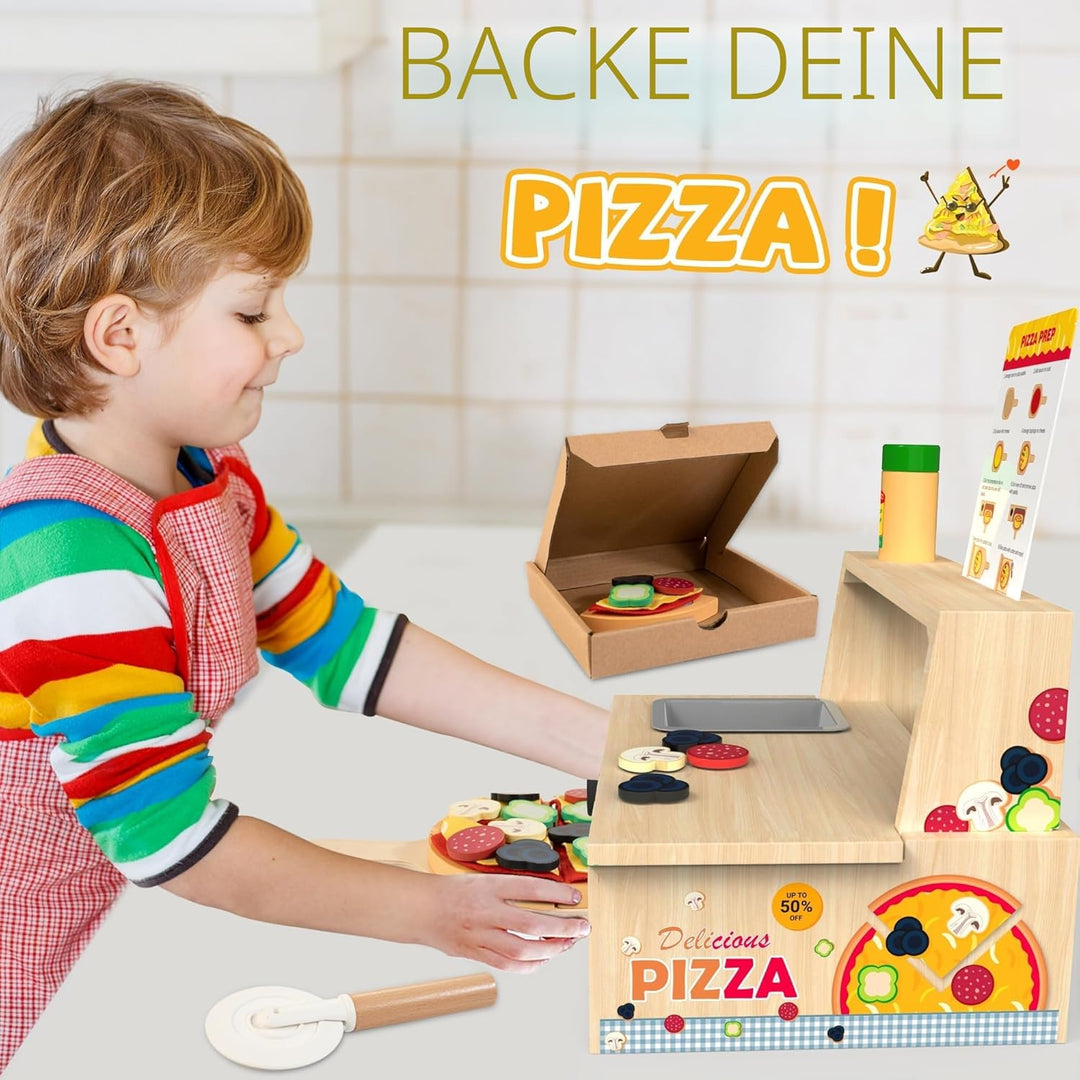 Pizza-Ofen Holzspielzeug ab 3 Jahre Kinder Montessori Spielzeug Kinderküche Zubehör mit Pizza, Pizza