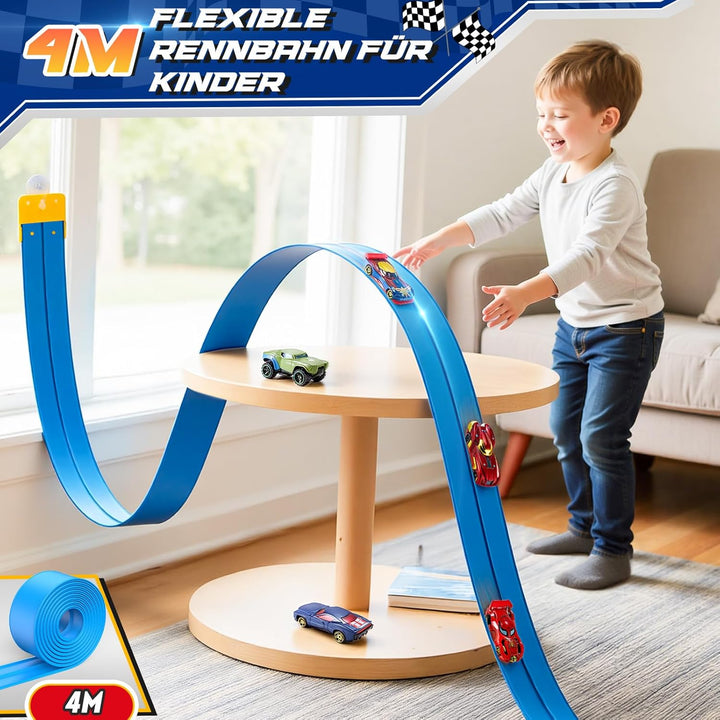 Flexible Rennbahn Kinder, Geschenk Junge 3 4 5 6 7 8 Jahre Rennstrecke Auto Spielzeug ab 3-8 Jahre J