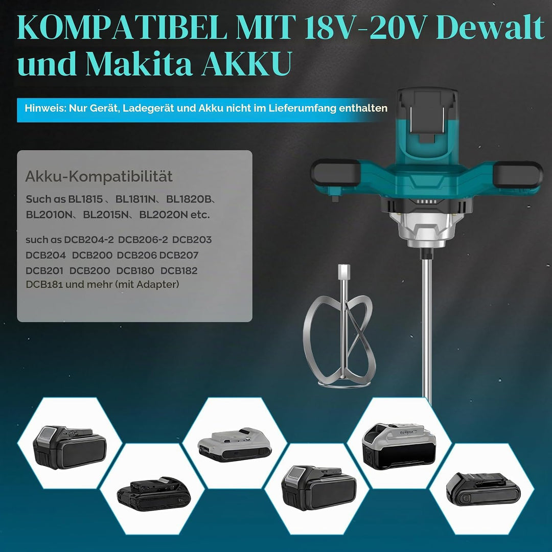 IMAYCC 1000W Kabellose Mörtelrührer Elektrischer Betonmischer,21V Rührwerk Beton Mit 6-Gang-Drehzahl
