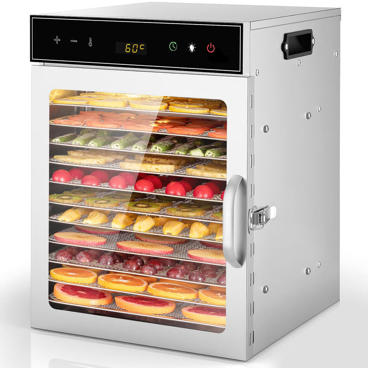 Dörrgerät aus Edelstahl, oiyocemo Obsttrockner mit 12 Tabletts und kostenlosem Rezeptbuch, BPA-frei,