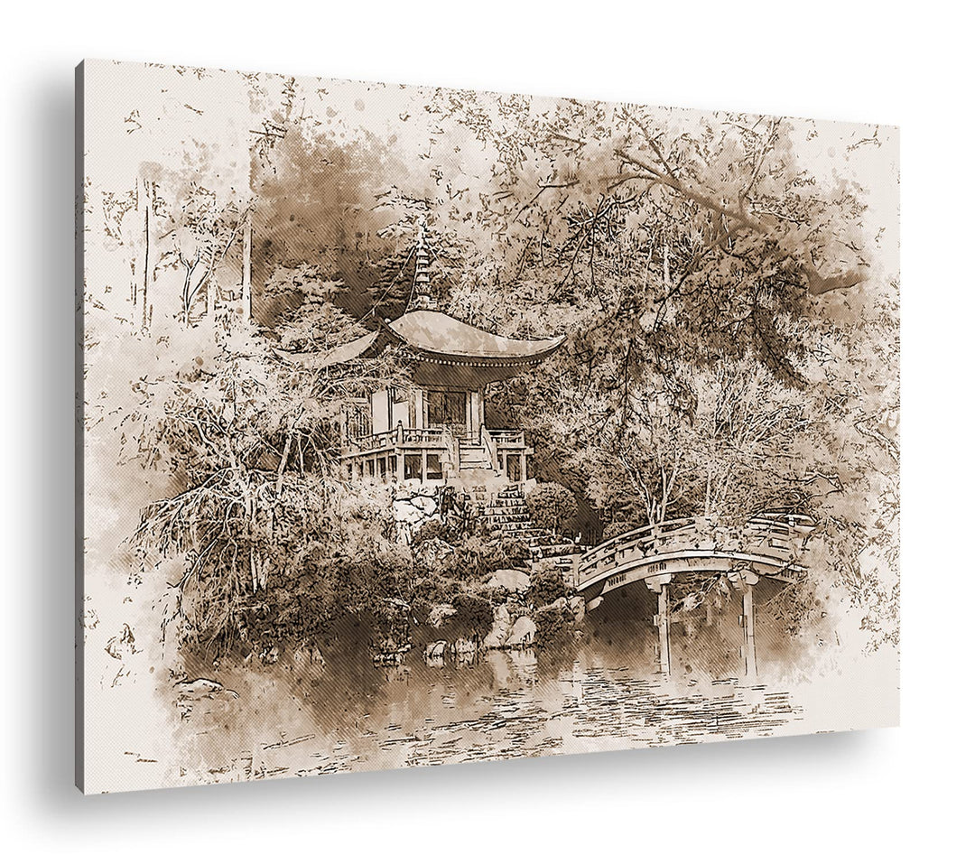 deyoli traditionell japanischer Garten Effekt: Sepia, Format: 80x60 als Leinwandbild, Motiv fertig g
