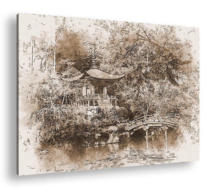 deyoli traditionell japanischer Garten Effekt: Sepia, Format: 80x60 als Leinwandbild, Motiv fertig g