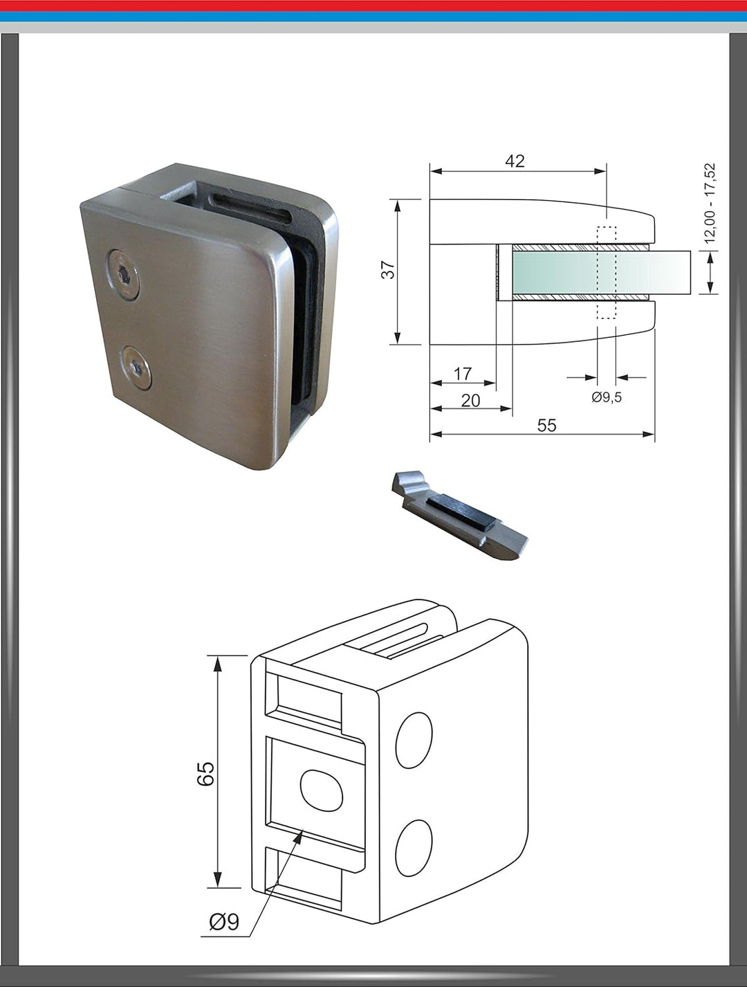 PMC Edelstahl V2A Glashalter Klemmhalter Glasklemme Geländer Sicherungsplatte (Vierkantrohr - Flach,