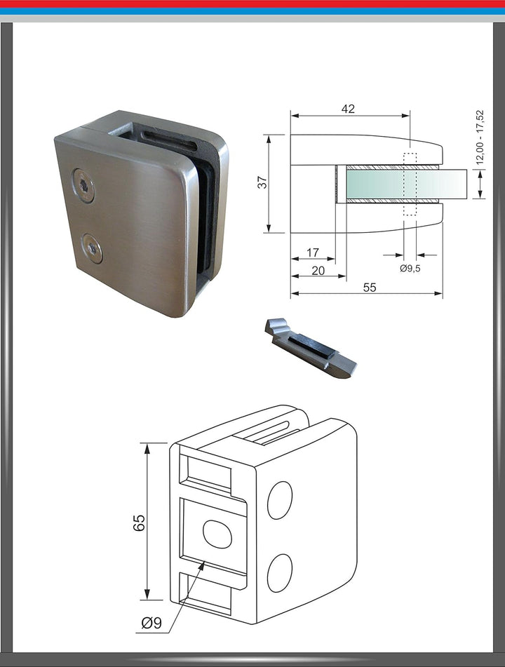 PMC Edelstahl V2A Glashalter Klemmhalter Glasklemme Geländer Sicherungsplatte (Vierkantrohr - Flach,