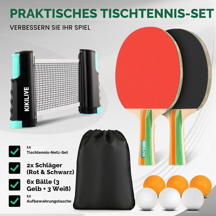Tischtennis Set mit ausziehbarem Netz, 2 Schlägern, 6 Bällen und Tragetasche – das tragbare Set für