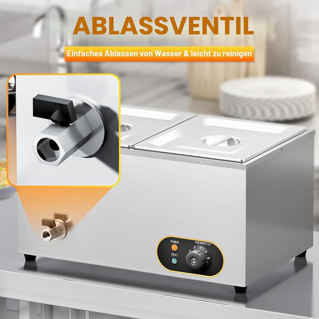 Bain Marie Speisenwärmer Wasserbad Gastro GN-Behältern (GN) 1/2x 2 Warmhalter Edelstahl mit Ablaufha