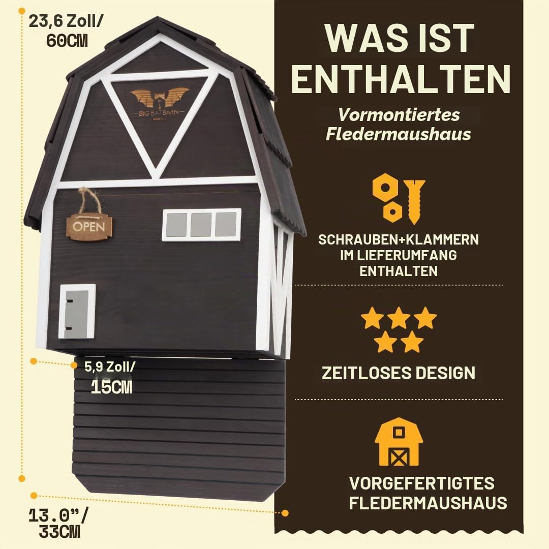 WildYard Big Bat Barn 3-Kammer Fledermaushaus - Gross, Schwarz - Witterungsbeständiges Fledermaus-Wi