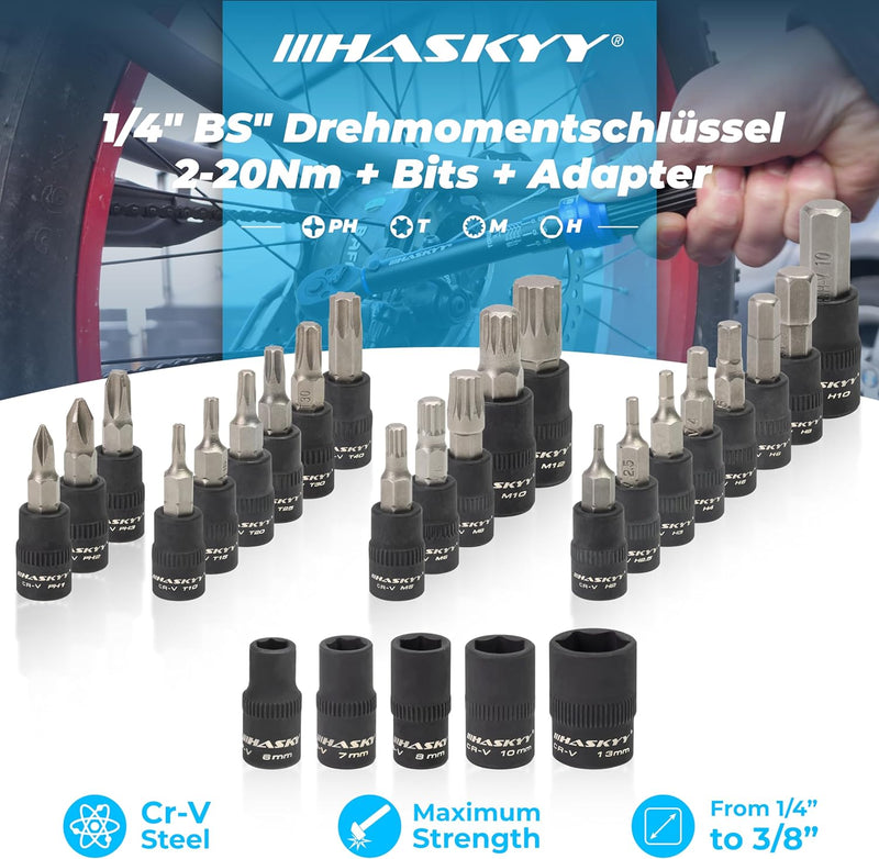 HASKYY Drehmomentschlüssel 1/4" 2-20Nm Set Fahrrad Drehmoment Bit Innensechskant Verlängerung Torx B