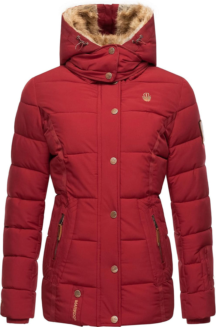 MARIKOO Damen Winterjacke warme Steppjacke mit Kunstfell Innenfutter Nekoo XS-3XL S Dark Red, S Dark