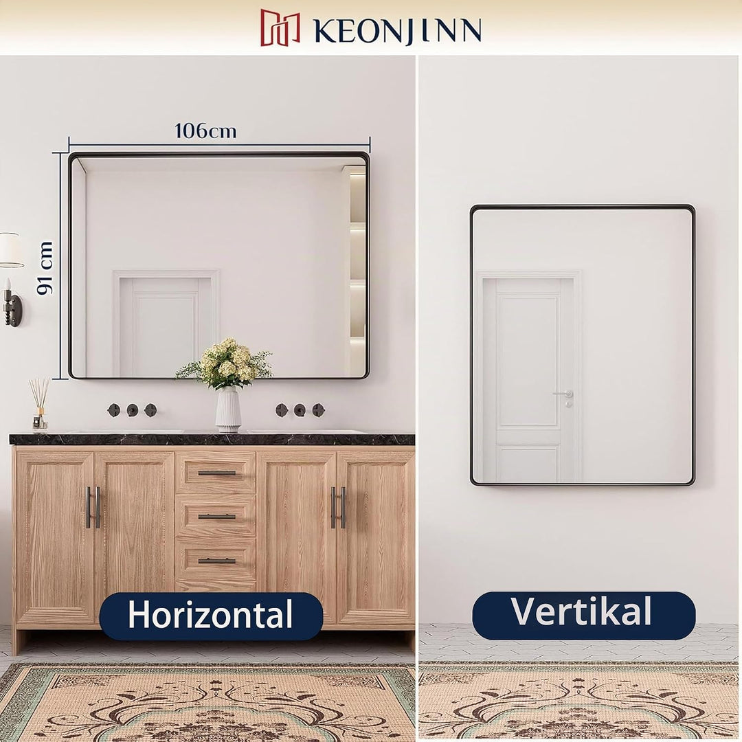 Keonjinn Wand Spiegel Schwarz 106x90cm, Badezimmerspiegel Badspiegel mit Metallrahmen, Gehärtetes Gl