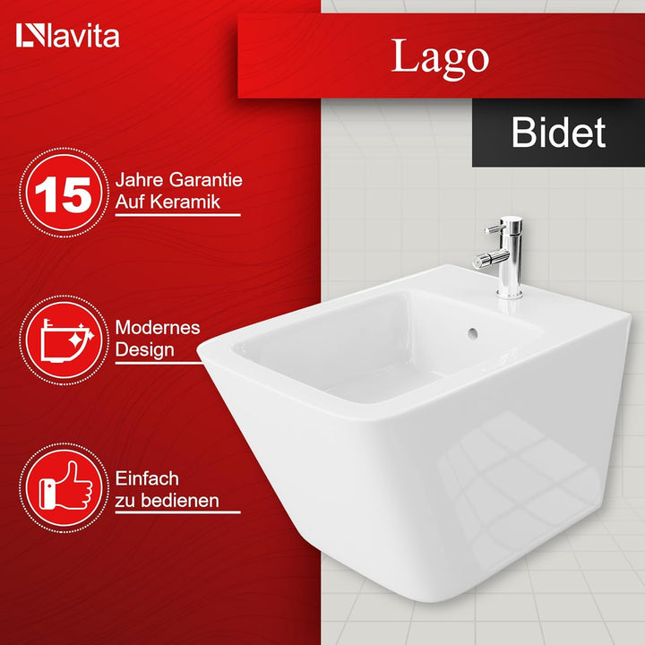 LAVITA Universal Wand-Bidet Lago mit Hahnloch und Überlaufschutz aus Keramik Sitzwaschbecken zur Mon