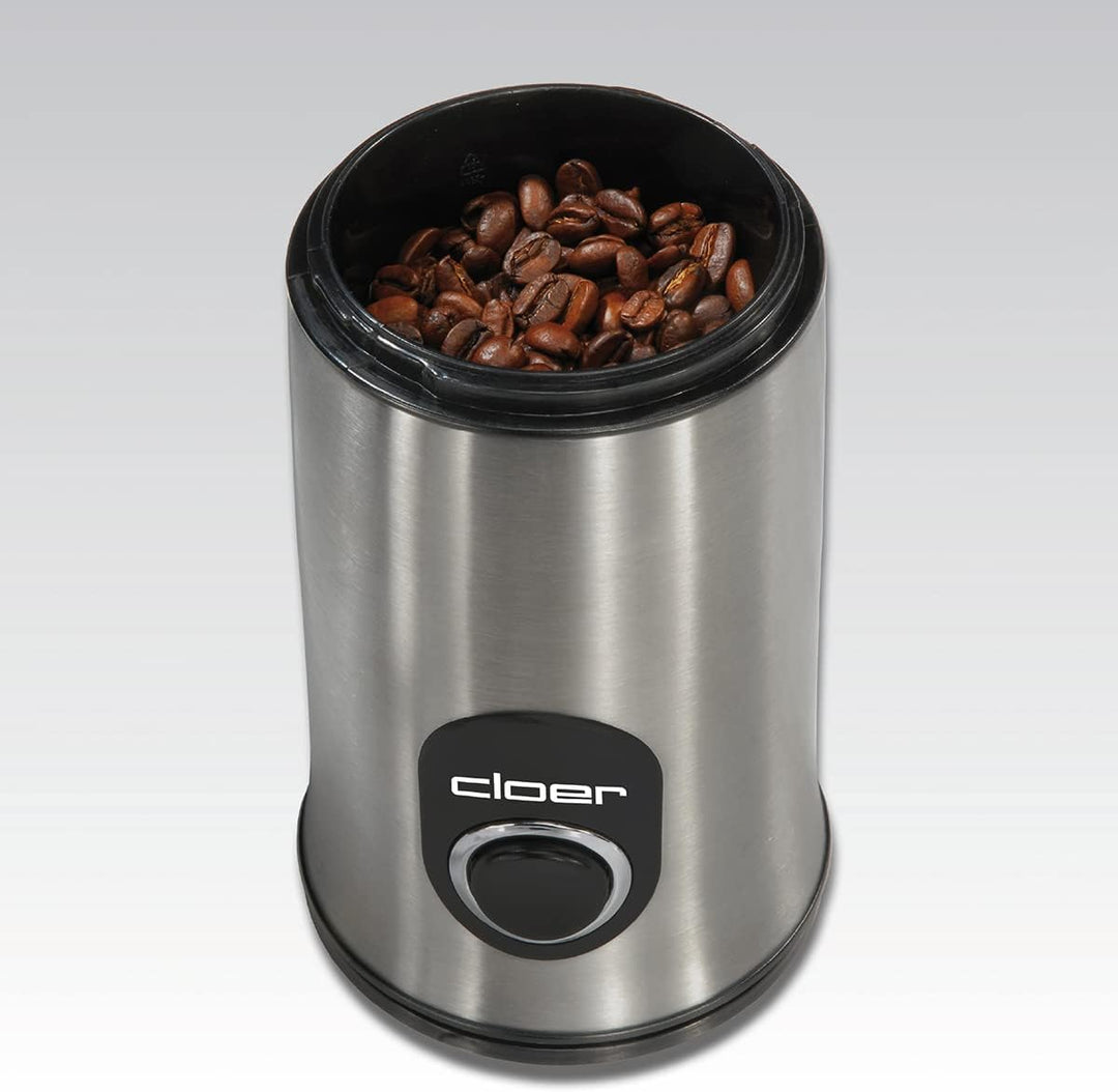 Cloer 7579 Elektrische Kaffeemühle, 150 W, für bis zu 50 g Kaffeebohnen, mattiertes Edelstahlgehäuse
