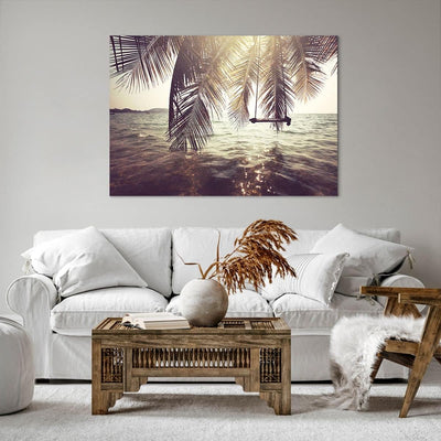 Bilder auf Leinwand 100x70cm Leinwandbild mit Rahmen Meer Palme Wasser Gross Wanddeko Bild Schlafzim