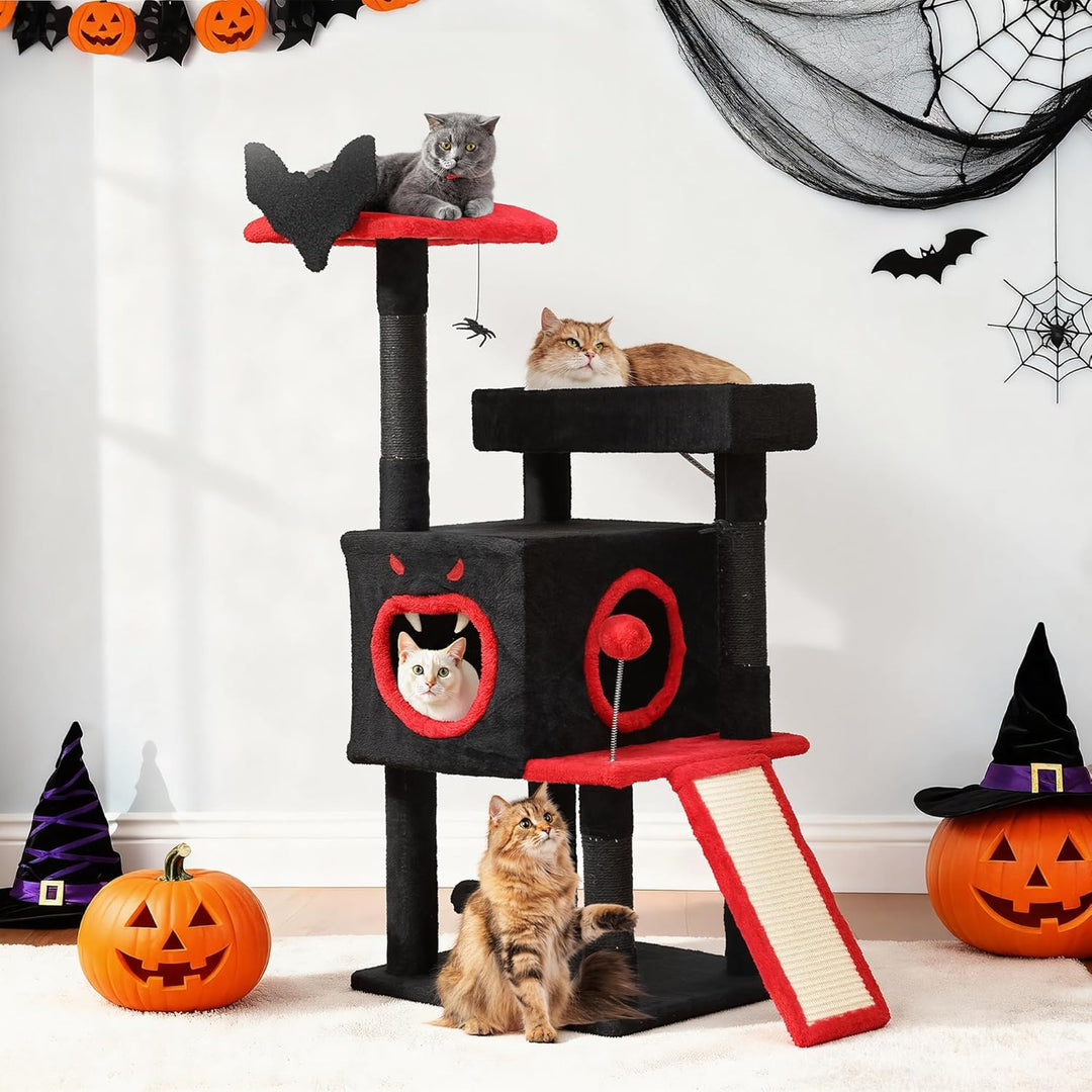 DWVO 111 cm Gothic-Katzenbaum für den Innenbereich mit Sargbett, geräumigem Katzenhaus, hängendem Sp