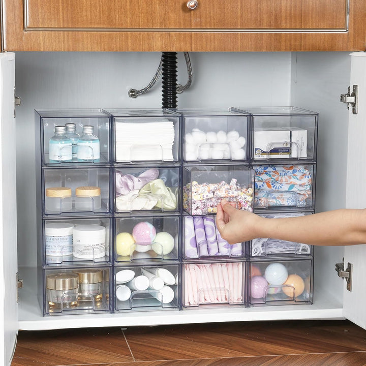 Vtopmart 4 Pack Stackable Storage Drawers, Acrylic Organiser with 32 Non-slip Mat, Acrylic Drawer Or