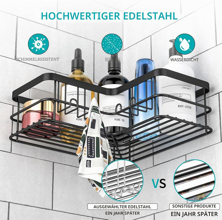Yazoni Duschablage Ohne Bohren 2 Stück - Duschregal Ecke mit Haken, Duschablage Edelstahl für Badezi