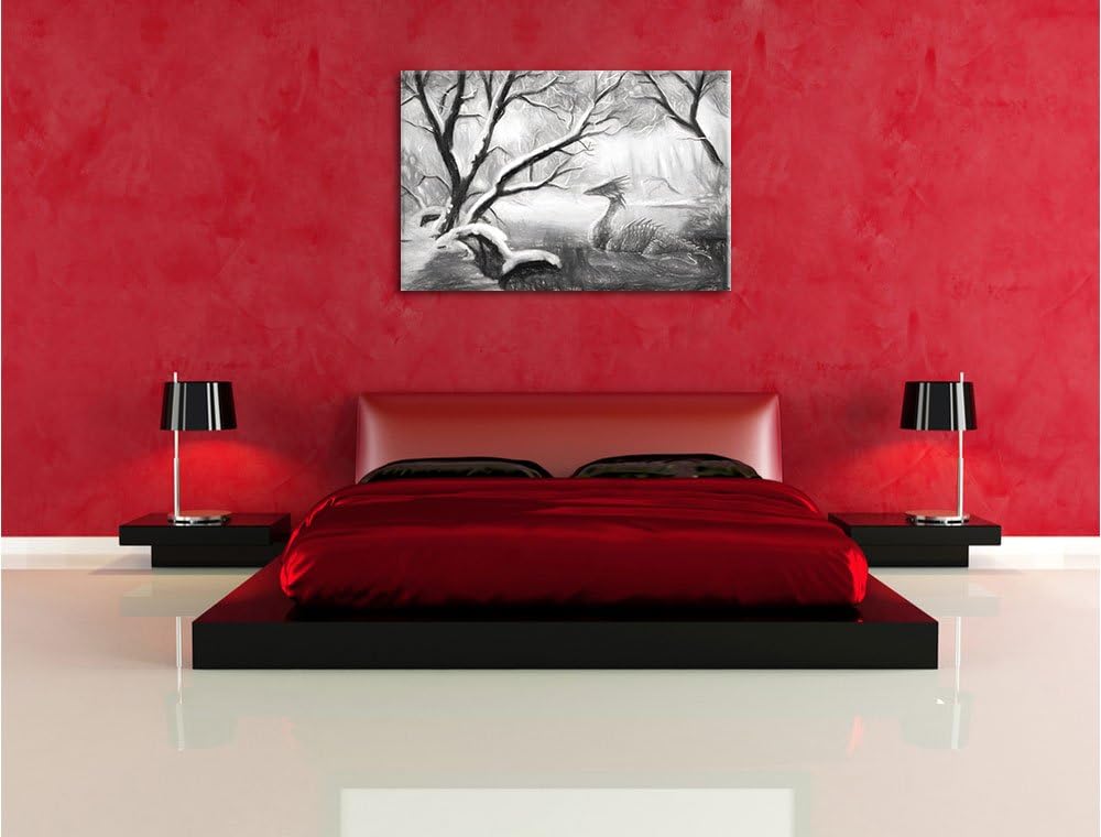 Pixxprint Drache im schneebedeckten Wald / 100x70cm Leinwandbild bespannt auf Holzrahmen/Wandbild Ku
