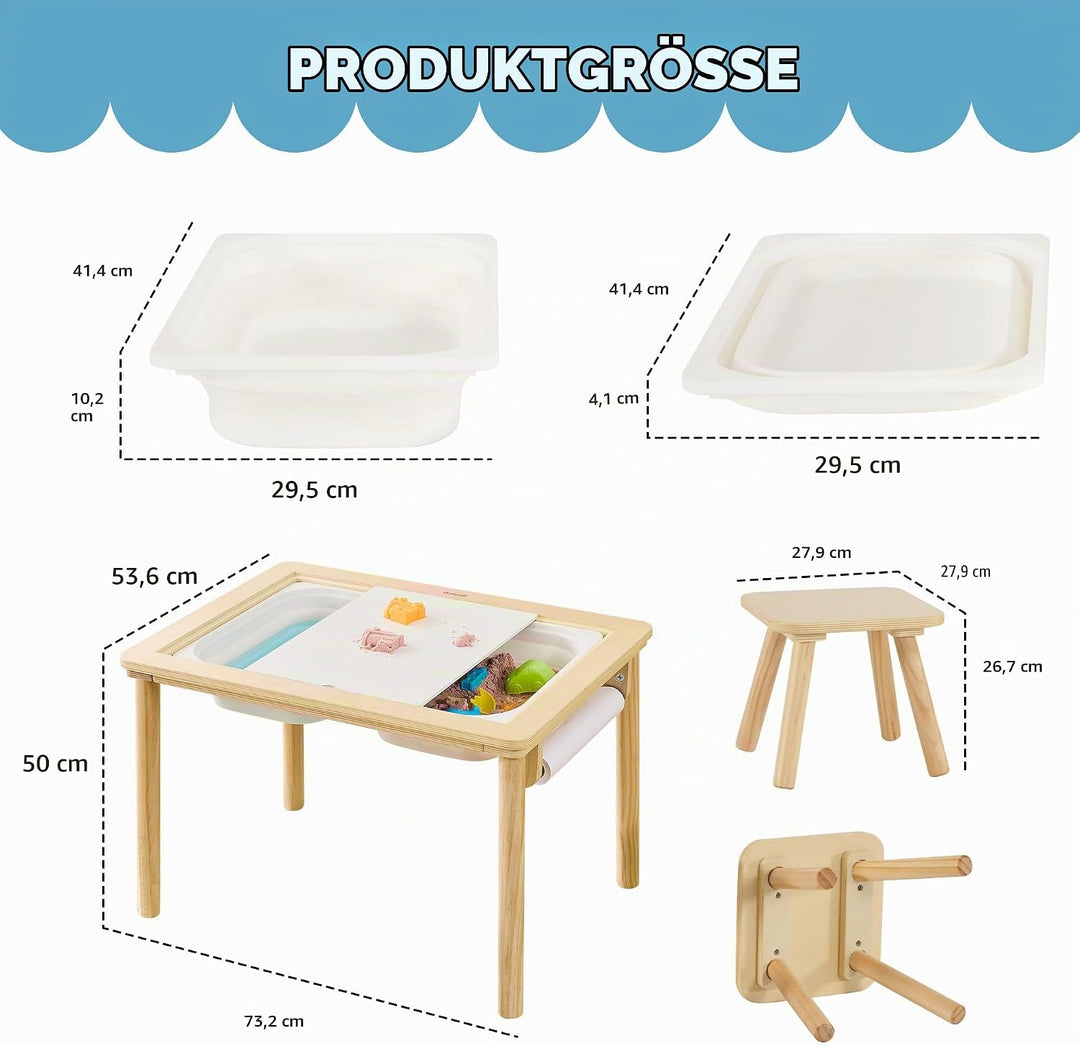 Multifunktionaler Sensoriktisch mit 2 Stühlen, Papierrolle, doppelseitiger Tafel und klappbaren Aufb