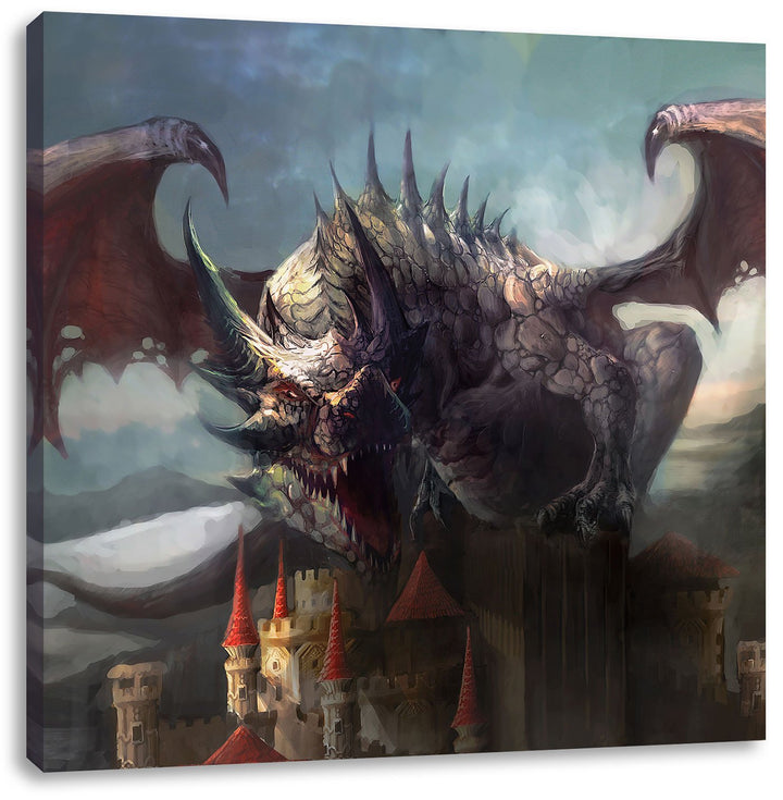 der Drache auf der Festung, Format: 70x70 auf Leinwand, XXL riesige Bilder fertig gerahmt mit Keilra
