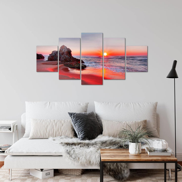 Runa Art Wandbilder Sonnenuntergang Strand 5 Teilig Bild auf Vlies Leinwand Deko Schlafzimmer Wohnzi
