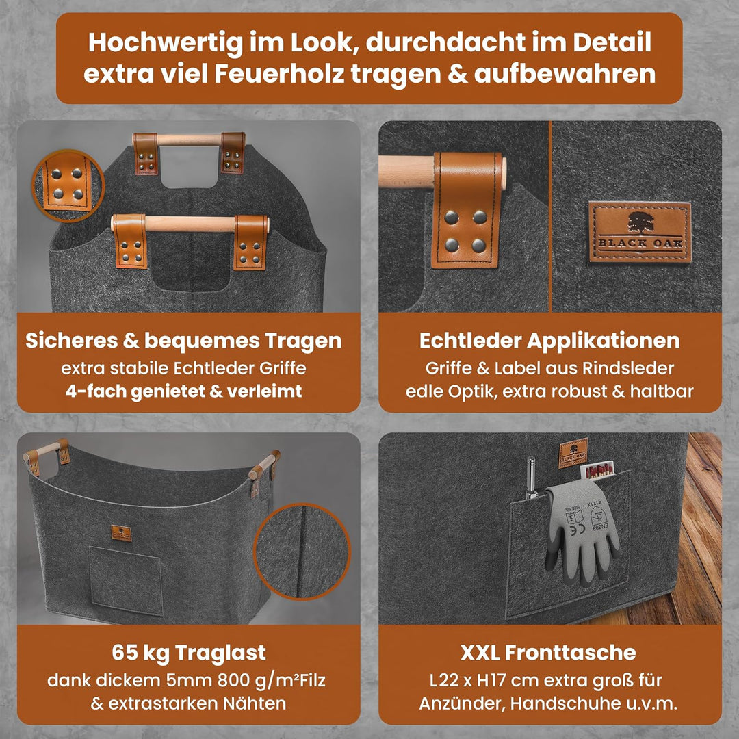BLACK OAK Holzkorb MONTANA XXL 100L 60x36x45cm Filzkorb für Holz grau | Echt-Leder Applikation + bre