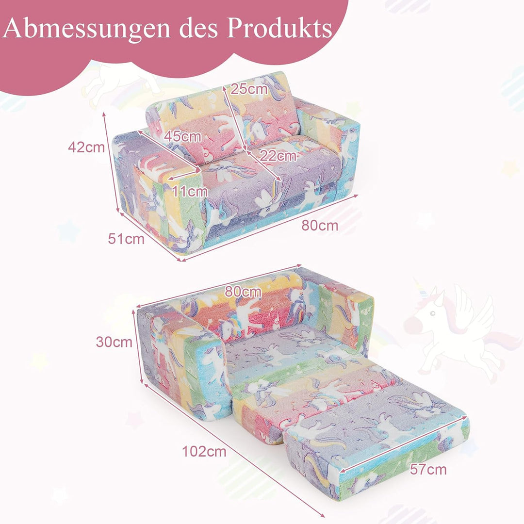DREAMADE 2-in-1 Kindersofa ausklappbar, Kindersessel aus Flanellstoff mit leuchtenden Mustern, abneh