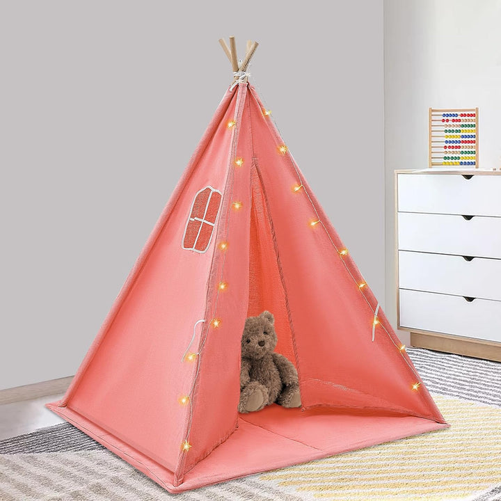 Tipi Zelt für Kinder, Spielzelt Kinder mit weicher Matte & Lichterkette, 1,4m hohes Kinderzelt aus B