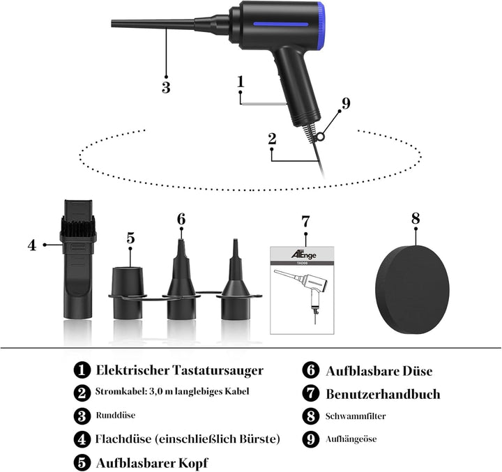 ATEngeus Elektrische Staubgebläse, 500W Druckluft, 2-Gang Air Duster, Druckluftspray PC Reinigungsse