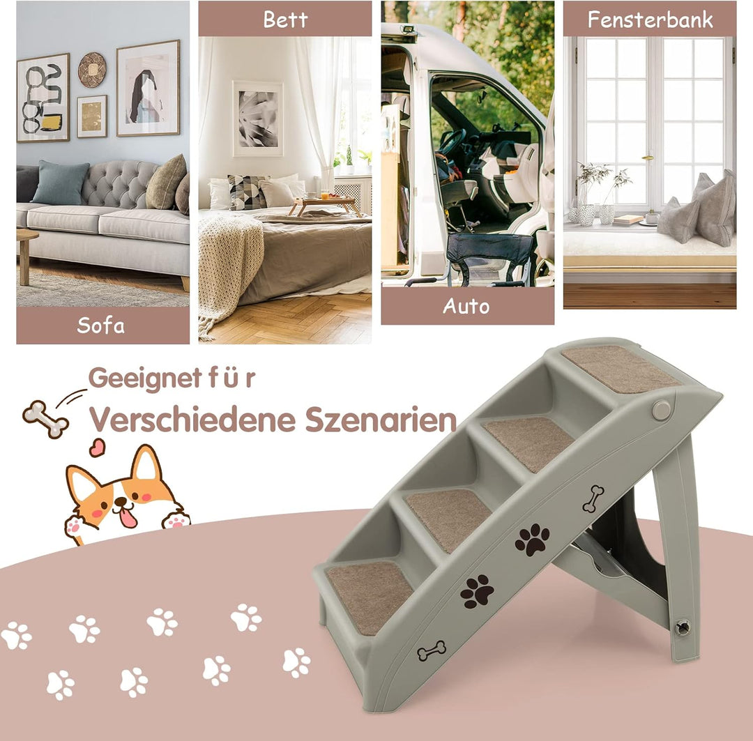 GOPLUS Hundetreppe mit 4 Stufen, Tragbare Tiertreppe aus Kunststoff, Klappbare Treppe für Haustiere,