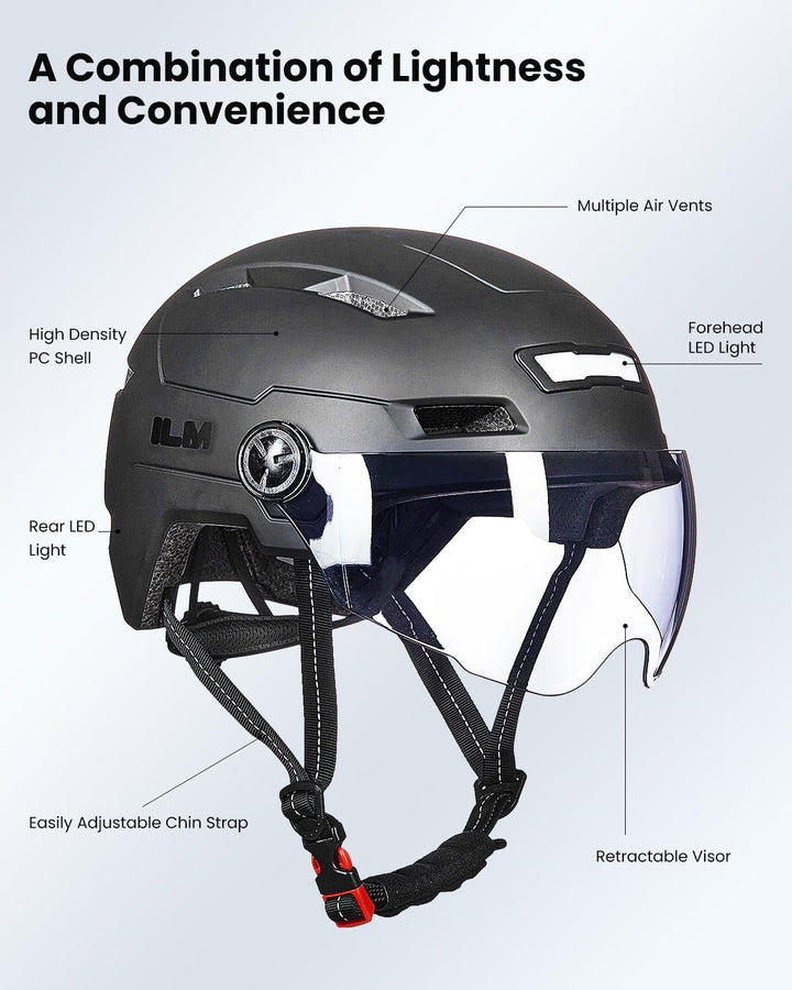 ILM Fahrradhelm mit Visier und LED Licht Mountain&Road Fahrradhelme für Damen und Herren Fahrradhelm