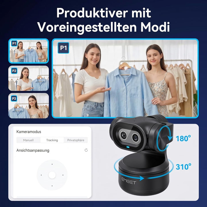 EMEET PIXY 2K Dual-Kamera KI PTZ Web-Kamera, KI-Tracking, 0.2s PDAF & KI-Autofokus, mit Sony-Sensor
