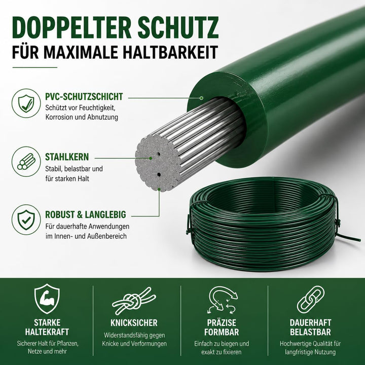 Gartendraht grün PVC ummantelt | Bindedraht für Pflanzen, Kabel, Netze, Basteln, Gartenbau – 1,4mm–2