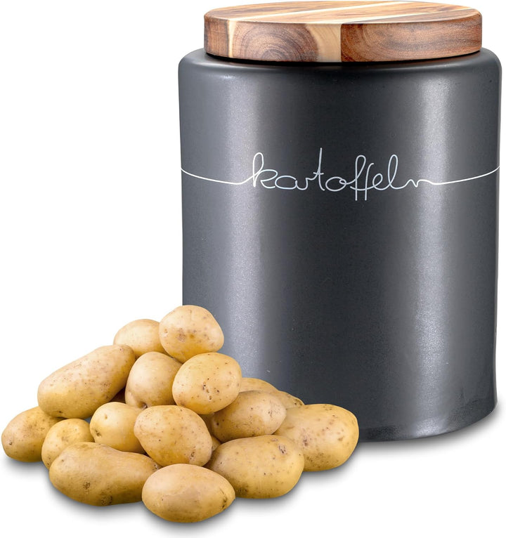 KHG Kartoffel Aufbewahrung, Keramik Steingut poliert, Anthrazit Grau mit Holz-Deckel, 4kg Kartoffeln