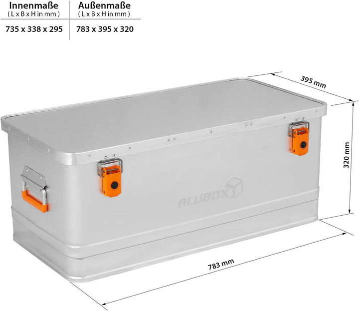 Alubox Werkzeugtruhe EASY 81 Liter Werkzeugkiste silber Alu glänzend - orange Schnallen - Aussenmass