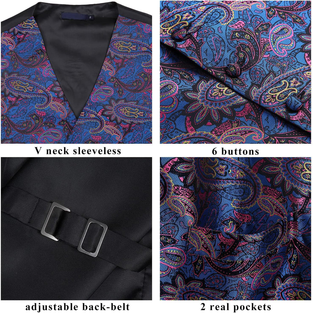 Enlision Herren Paisley Floral Jacquard Weste & Krawatte und Pocket Square Weste Anzug Set L Blau Ro
