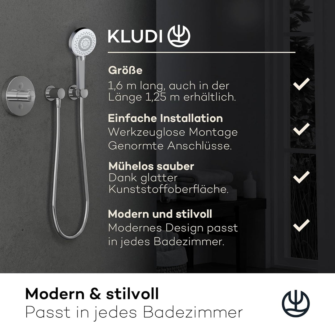 KLUDI-X1 Universal Duschkopf mit Schlauch, Duschbrause optional wassersparend mit 3 Strahlarten (Bod