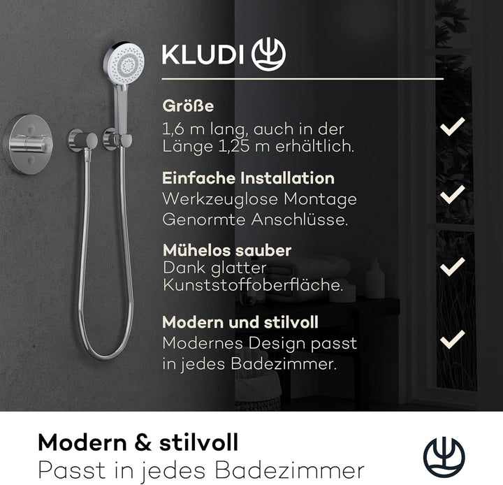 KLUDI-X1 Universal Duschkopf mit Schlauch, Duschbrause optional wassersparend mit 3 Strahlarten (Bod