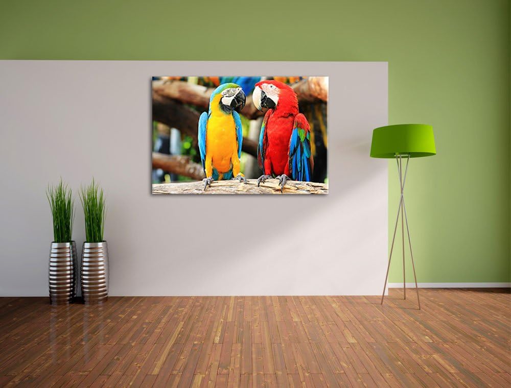 Zei Papageien auf einem Ast Format: 100x70 auf Leinwand, XXL riesige Bilder fertig gerahmt mit Keilr