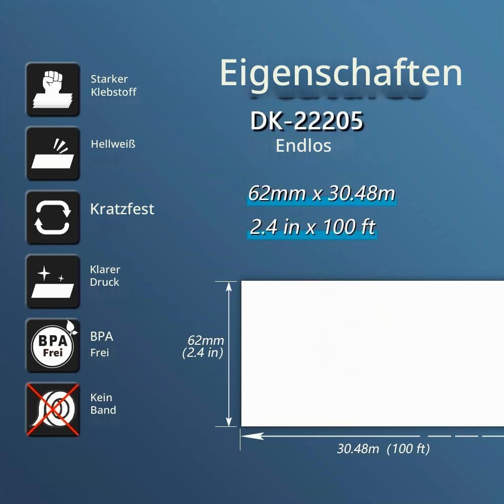 BETCKEY - 10 Rollen DK-22205 Endlosetiketten (Papier) Kompatibel mit Brother, 62mm x 30.48m, 10 Etik