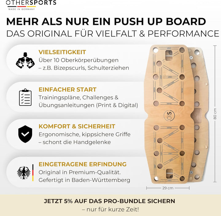 Liegestütze Brett aus Echtholz mit Fitness Bändern – Push up Board Fitnesstraining für gezielten Kra