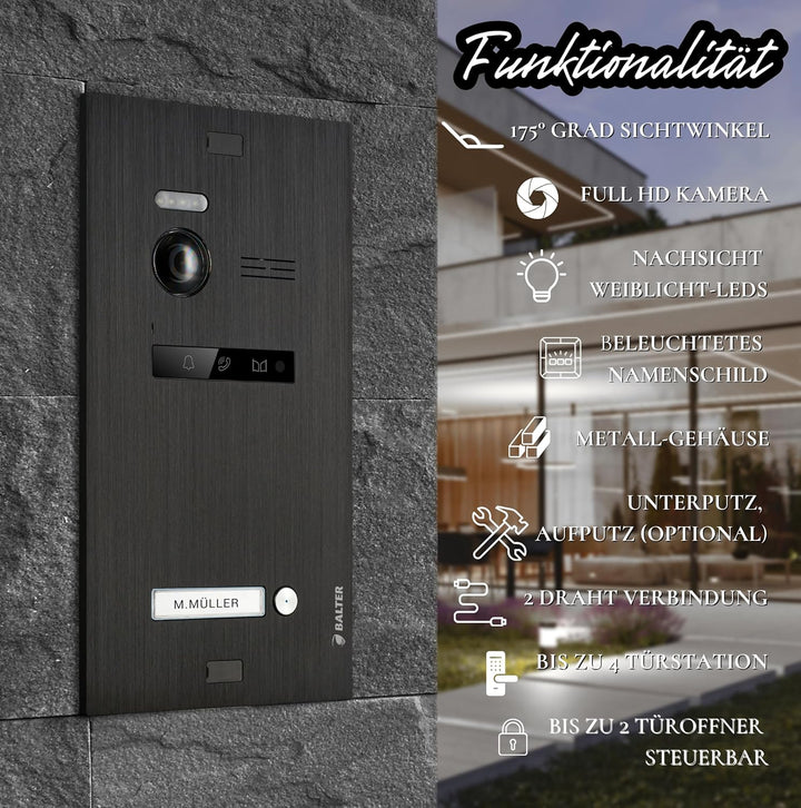 SCHUTZER Balter EVO HD Video Türklingel mit Kamera, 2 Draht Türsprechanlage 1 Familienhaus, 4x7 Zoll