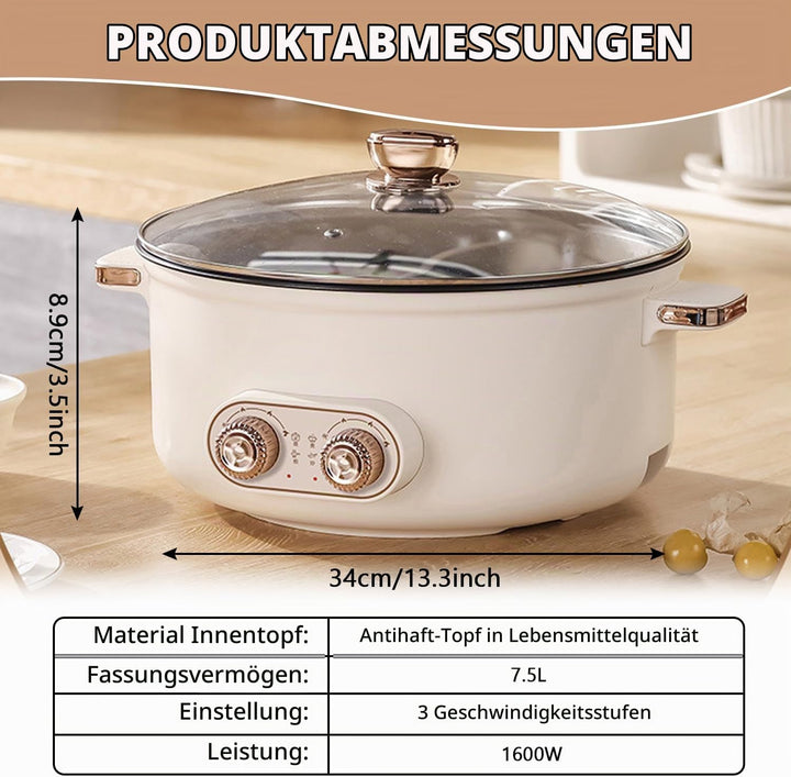 Hot Pot Elektrisch, 7.5L Doppelter Topf mit Zwei Reglern, 1600W Elektrischer Kochtopf mit Trennwand