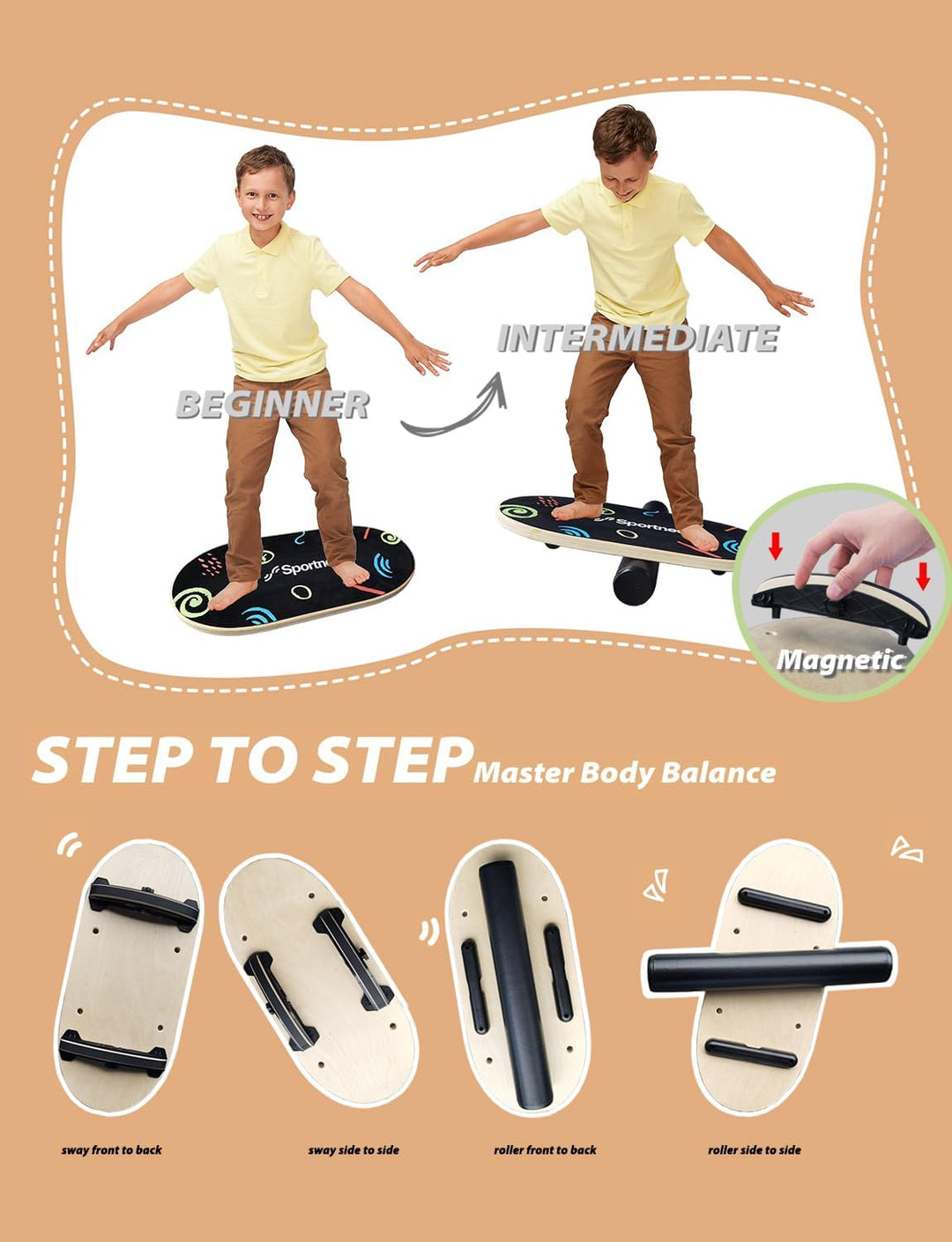 Sportneer Balance Board - Wobble Board mit verstellbaren Stoppern und Rollen - Balancier-Trainer zur