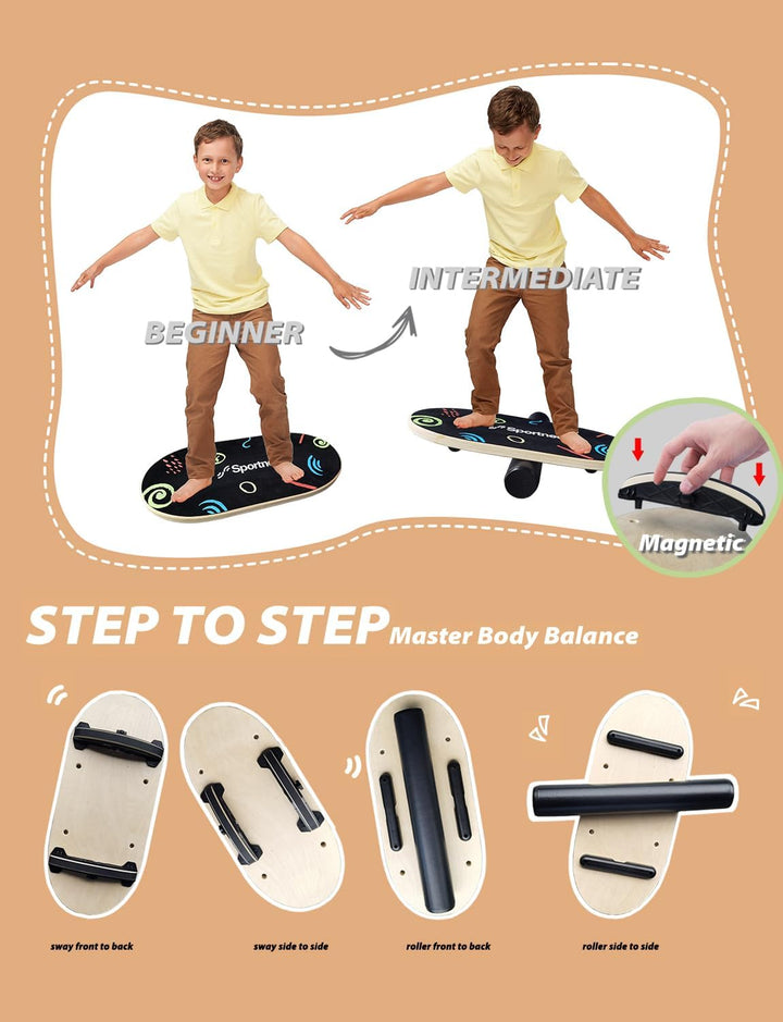 Sportneer Balance Board - Wobble Board mit verstellbaren Stoppern und Rollen - Balancier-Trainer zur