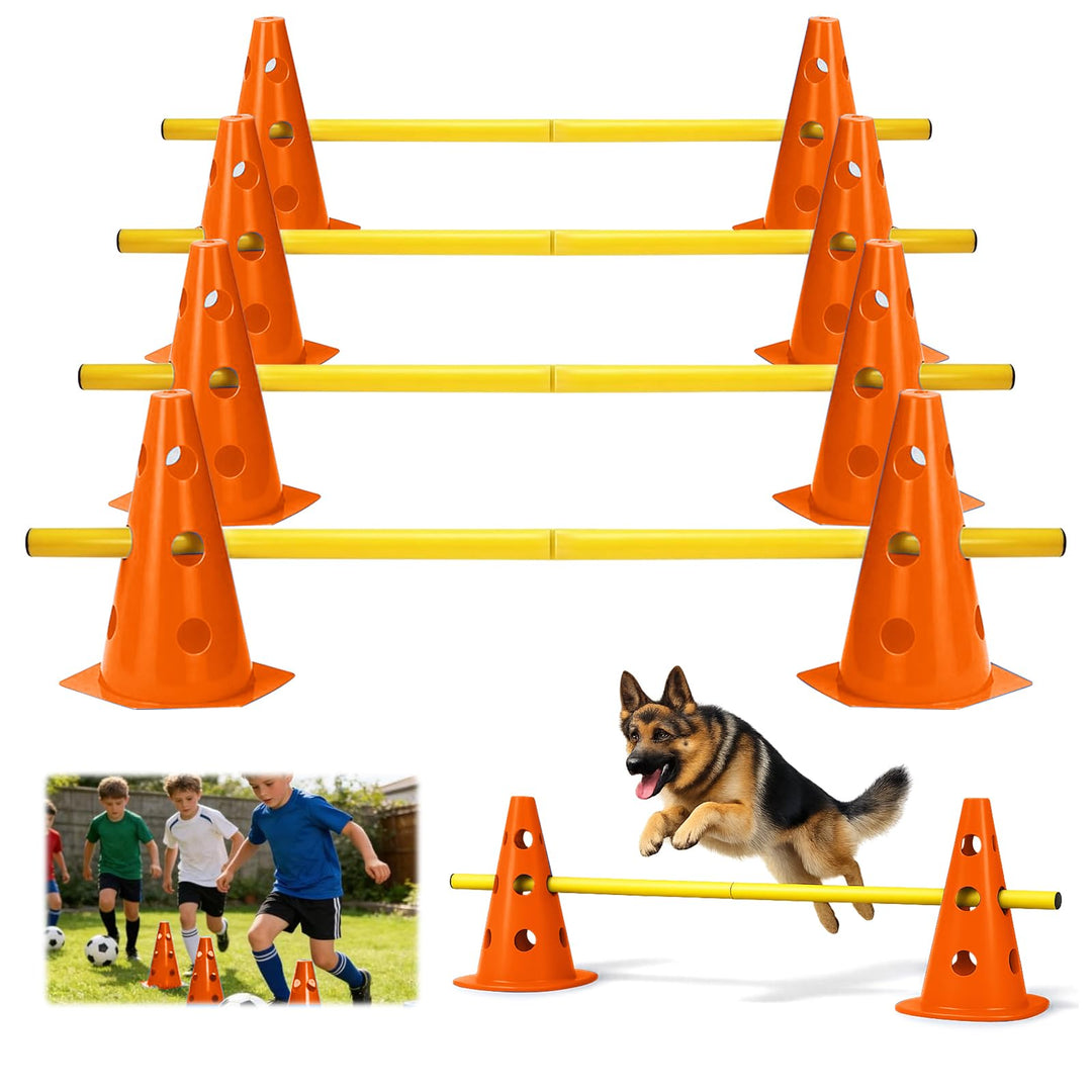 Steckhürdenset 10 Kegel + 5 Stangen, Höhenverstellbare Agility Hürden für Hundesport & Fussballtrain