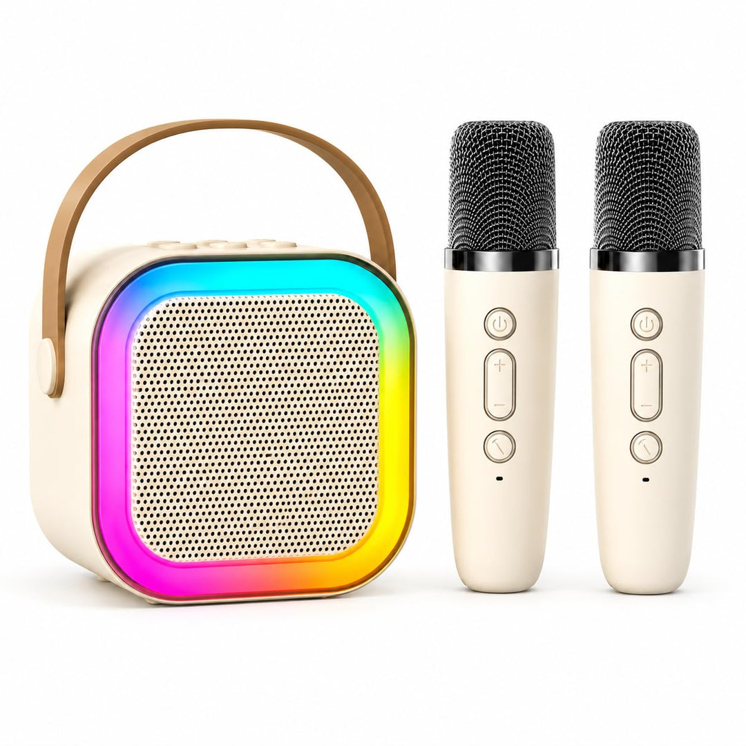 Bluetooth Karaoke Maschine mit 2 Mikrofonen & Lichtshow - 8W Tragbarer Lautsprecher, 5 Stimmeneffekt