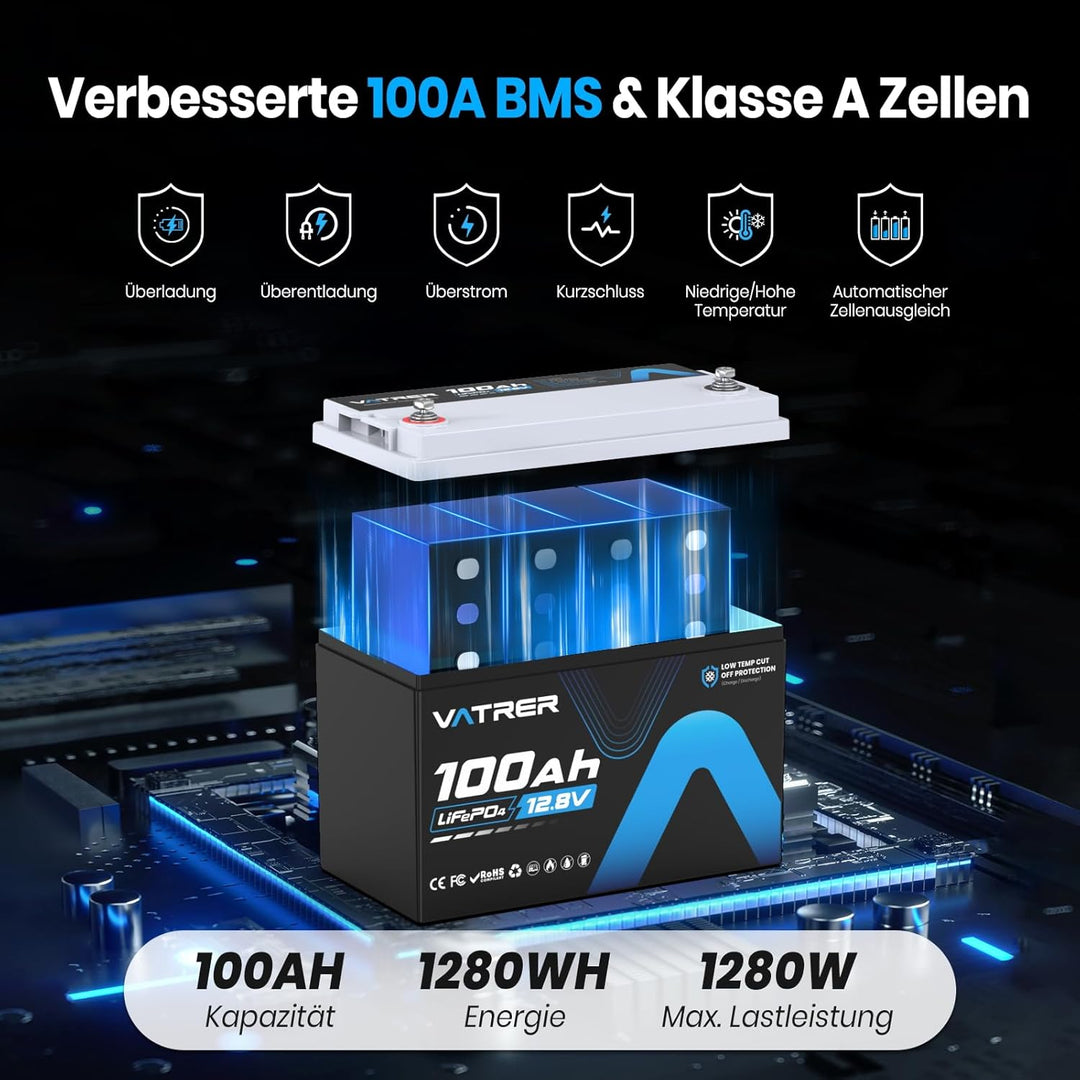 VATRER POWER LiFePO4 12V 100AH Low Temp Cut-Off Lithium Batterie mit 100A BMS 5000+ Tiefzyklus Lithi