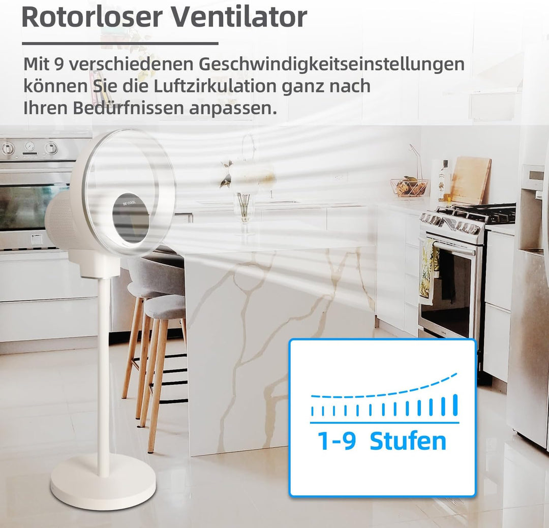 Be Cool Design-Standventilator mit WiFi – unsichtbarer Flügel, LED-Beleuchtung, Touch-Bedienfeld + L