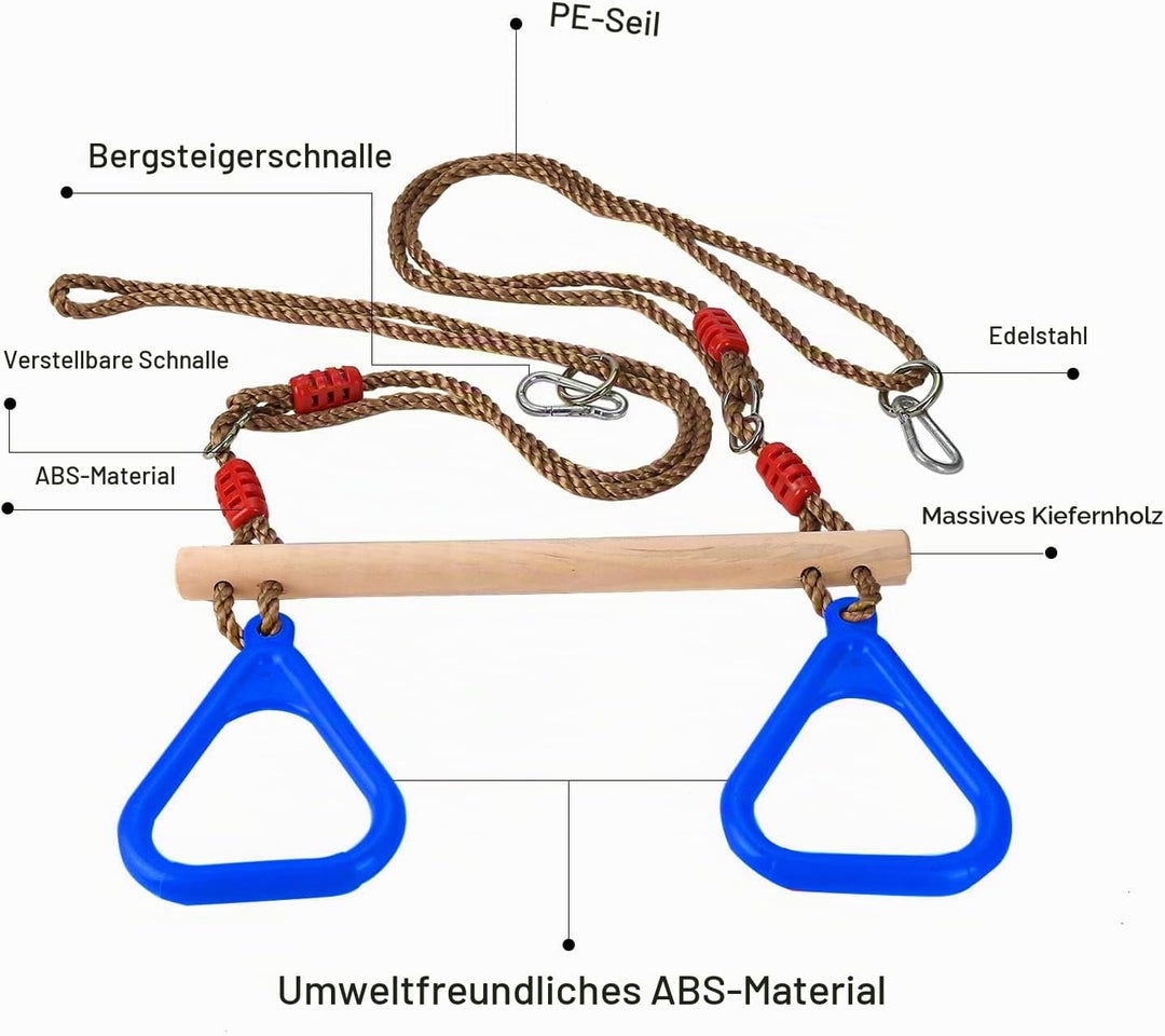 PELLOR Multifunktions Kinderholz Trapeze Schaukel mit Kunststoff Turnringe zum Aufhängen belastbar b
