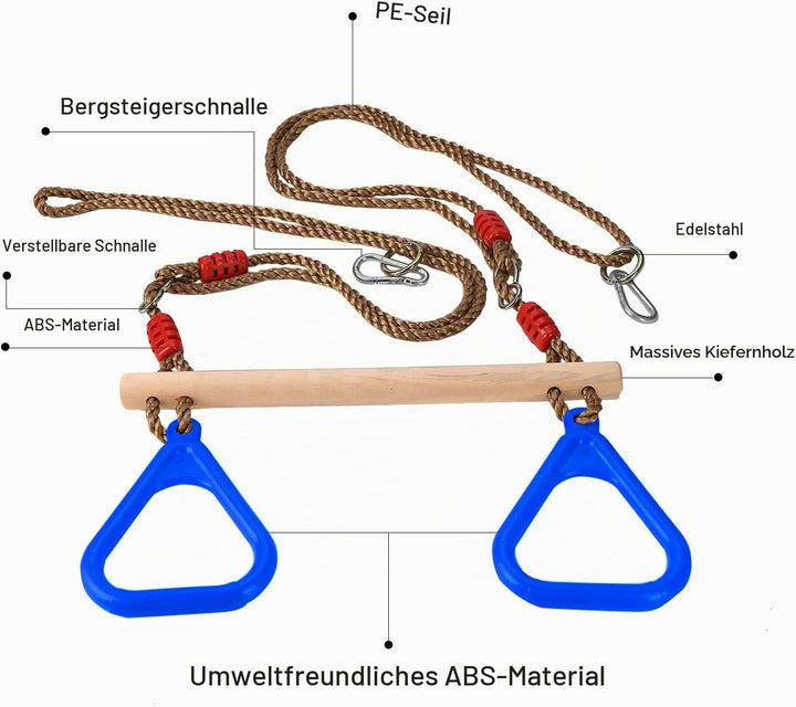 PELLOR Multifunktions Kinderholz Trapeze Schaukel mit Kunststoff Turnringe zum Aufhängen belastbar b